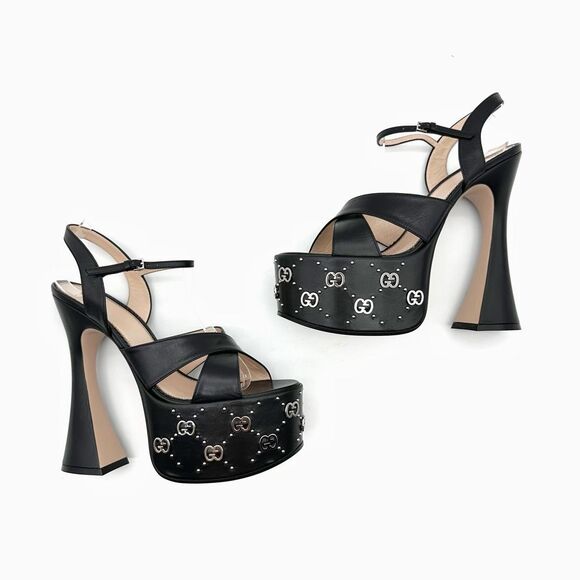 GUCCI Janaya Black GG Studded Platform Heels Size 38 US 8 Sandals Leather - Picture 4 of 12